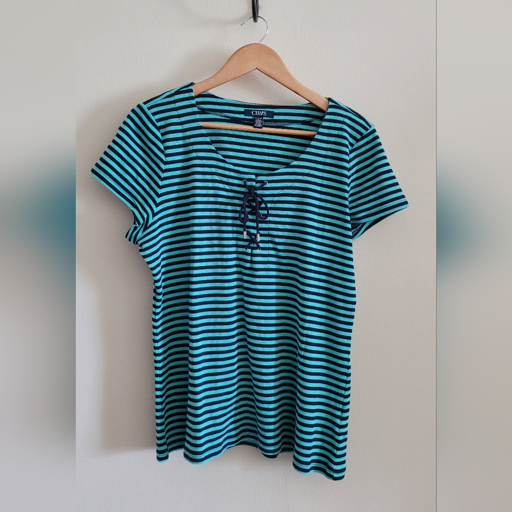 Chaps Nautical Lace Up Scoopneck Top, Women's XL, Teal & Navy Blue Striped